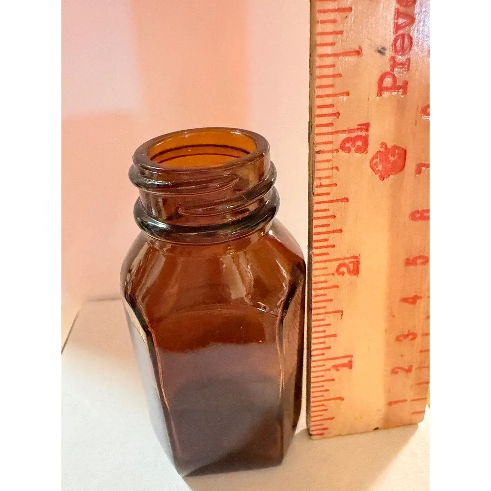 Vintage Amber Glass Apothecary Bottle Hexagonal Medicine Jar Brown 3.25 Inch